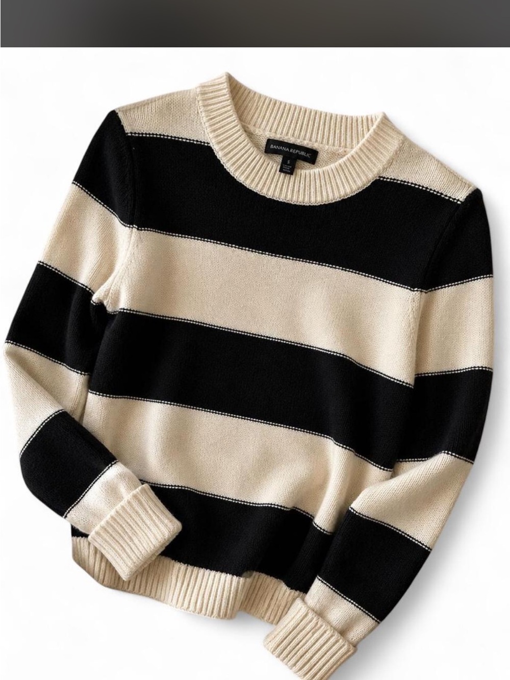 Banana Republic Black and Cream Wide-Stripe Crewneck Sweater